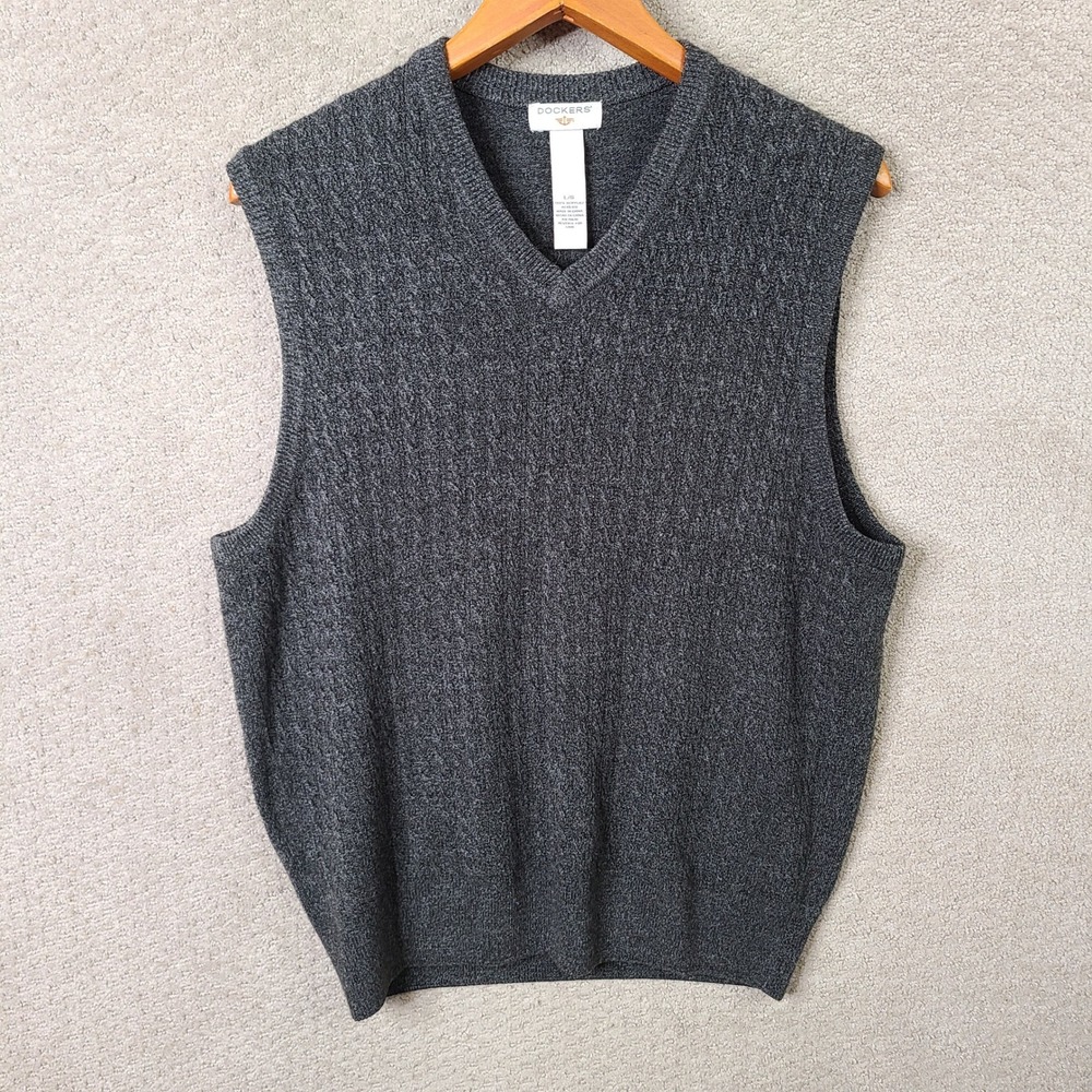 Dockers Sweater Vest Mens Large Gray V Neck Cable Knit Acrylic Casual Soft Warm
